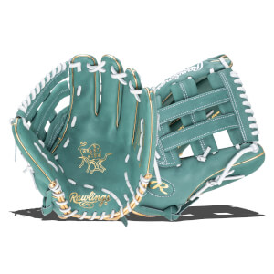 Front view of a teal Rawlings baseball glove with gold accents and white lacing.