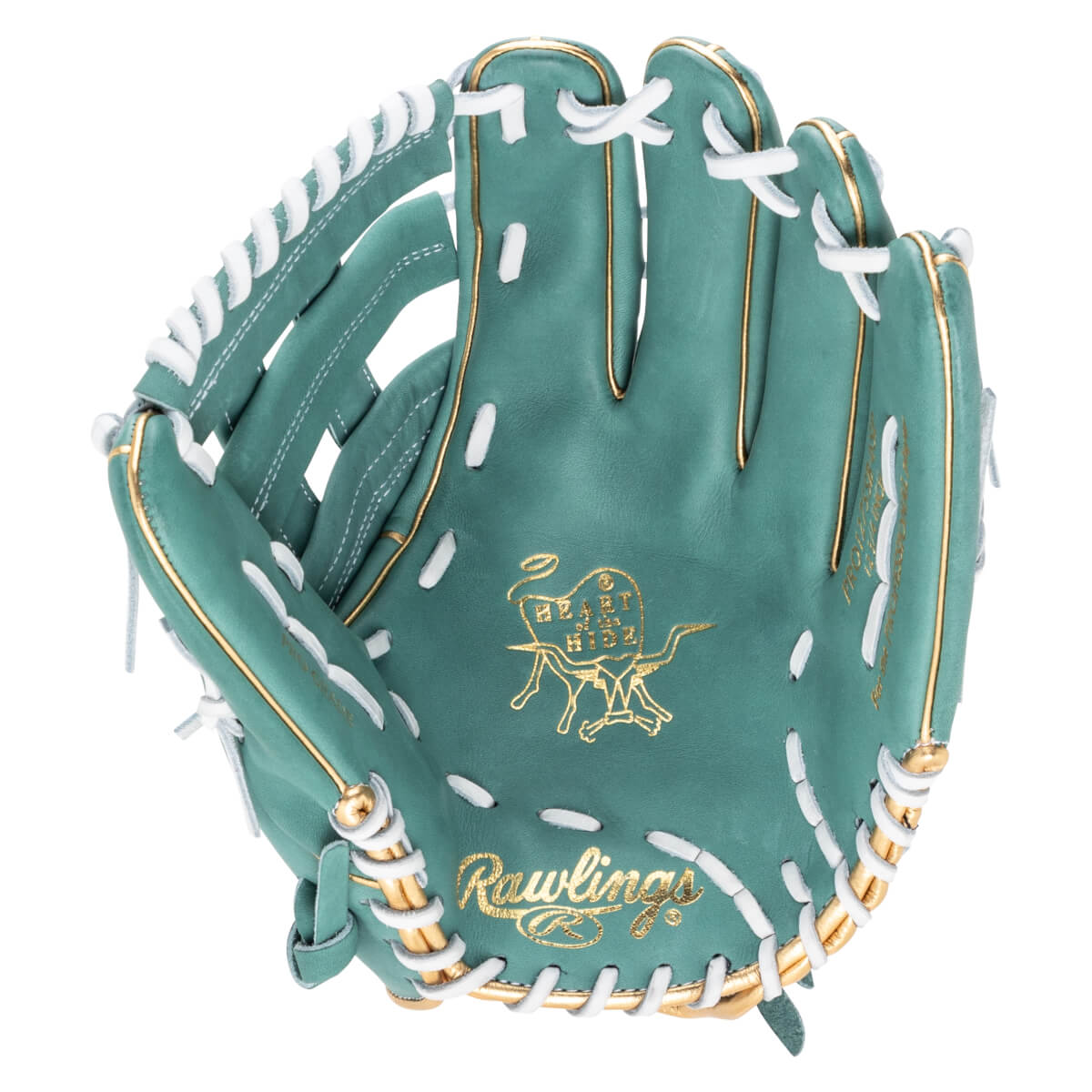 Top-down view of a teal baseball glove with white lacing, gold trim, and "Rawlings" logo.