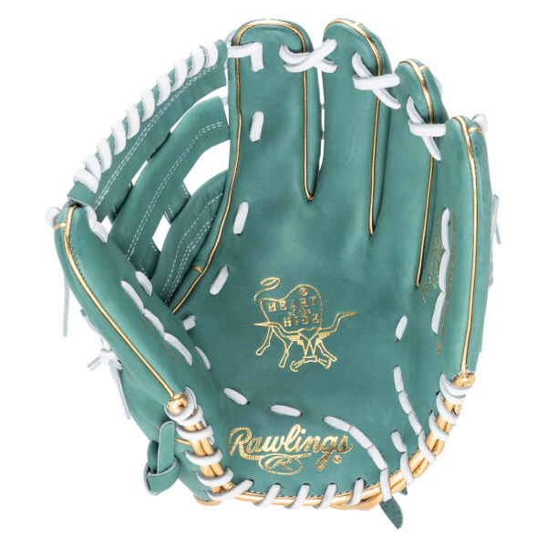 Top-down view of a teal baseball glove with white lacing, gold trim, and "Rawlings" logo.
