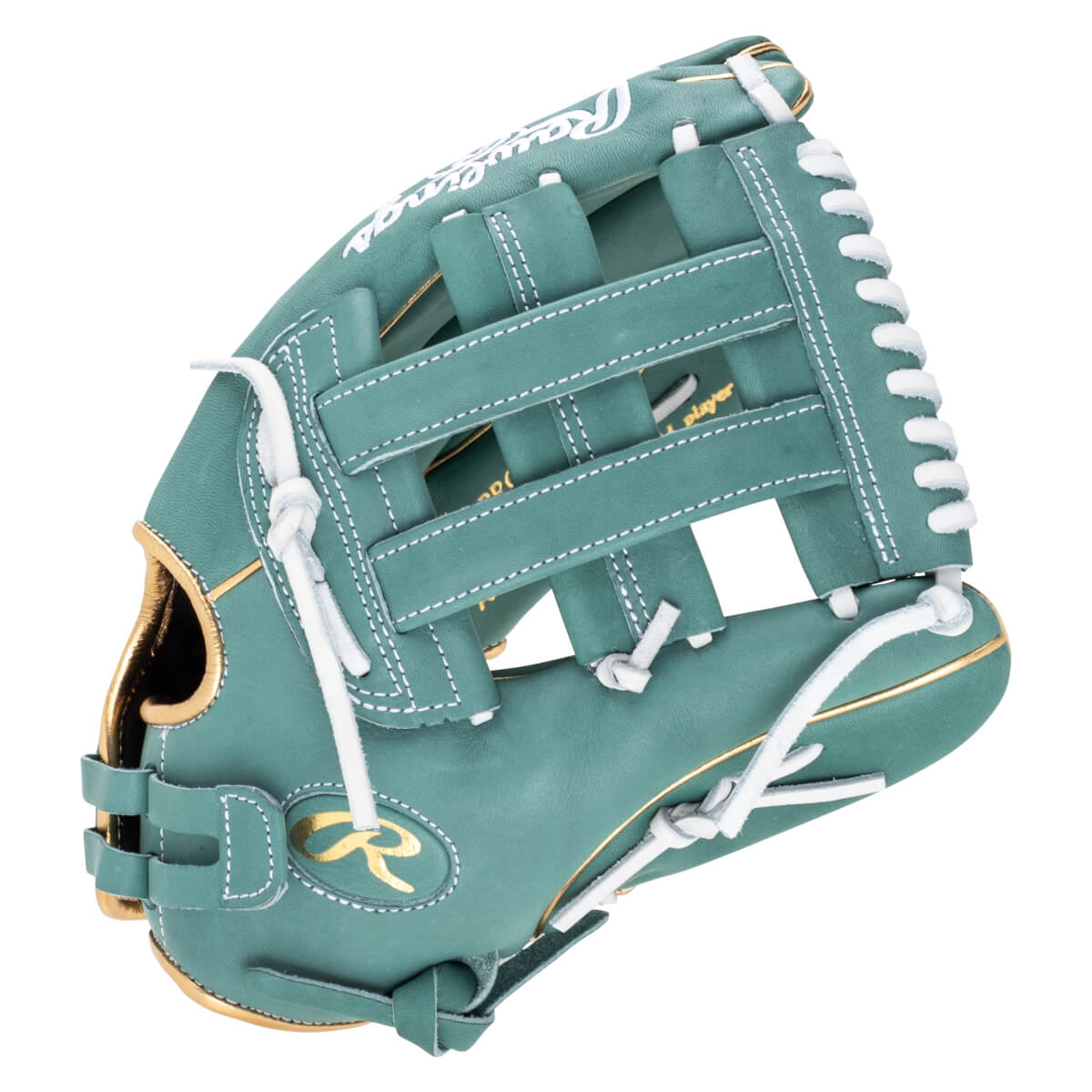 Top-down view of a teal Rawlings baseball glove with gold trim and white lacing.