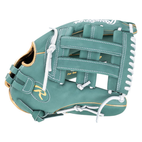 Top-down view of a teal baseball glove with white lacing and gold trim, showing the Rawlings logo.