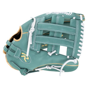 Top-down view of a teal baseball glove with white lacing and gold trim, showing the Rawlings logo.