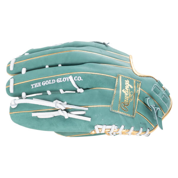 Top-down view of a teal baseball glove with gold trim, white lacing, and "Rawlings" logo.