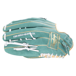 Top-down view of a teal baseball glove with gold trim, white lacing, and "Rawlings" logo.