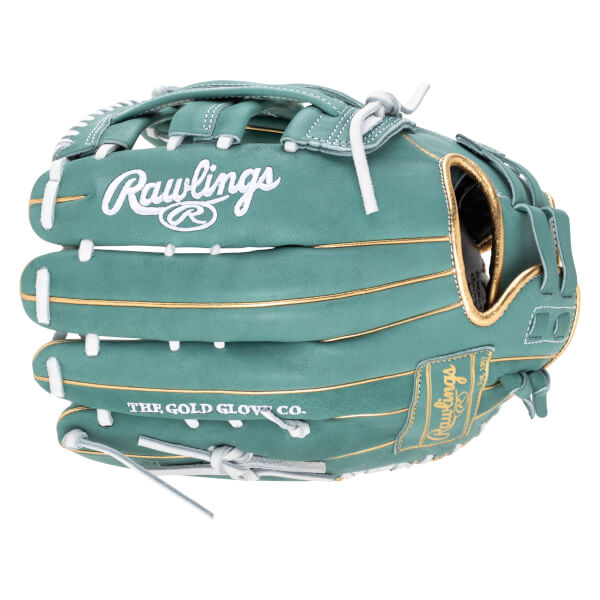 Front view of a teal Rawlings baseball glove with gold trim and white stitching, featuring "Rawlings" and "THE GOLD GLOVE CO." text.