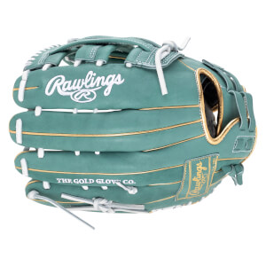 Front view of a teal Rawlings baseball glove with gold trim and white stitching, featuring "Rawlings" and "THE GOLD GLOVE CO." text.