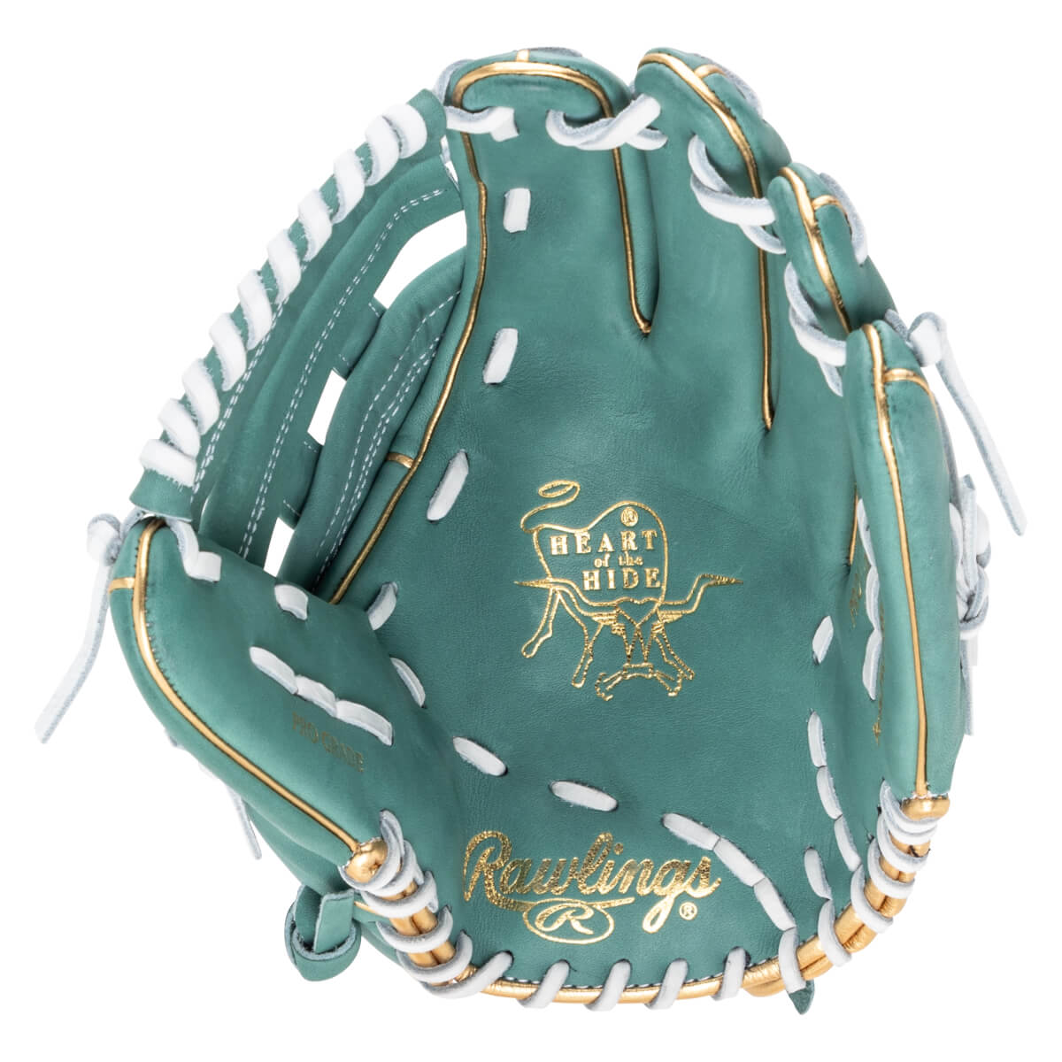 Top-down view of a teal baseball glove with gold trim, white lacing, and "Rawlings" and "Heart of the Hide" logos.