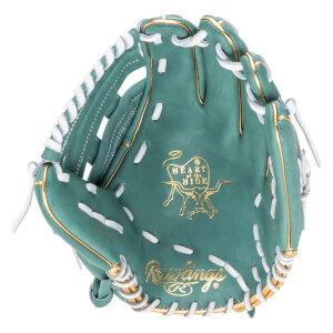 Top-down view of a teal baseball glove with gold trim, white lacing, and "Rawlings" and "Heart of the Hide" logos.