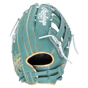 Front view of a teal Rawlings baseball glove with gold trim and white stitching.