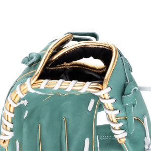 Close-up of a teal baseball glove's interior, showing gold lacing and white stitching.