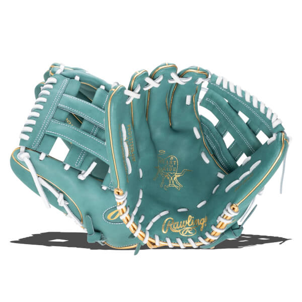 Front view of a teal Rawlings baseball glove with white lacing and gold trim, showing the "Rawlings" logo and "Heart of the Hide" emblem.
