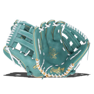 Front view of a teal Rawlings baseball glove with white lacing and gold trim, showing the "Rawlings" logo and "Heart of the Hide" emblem.