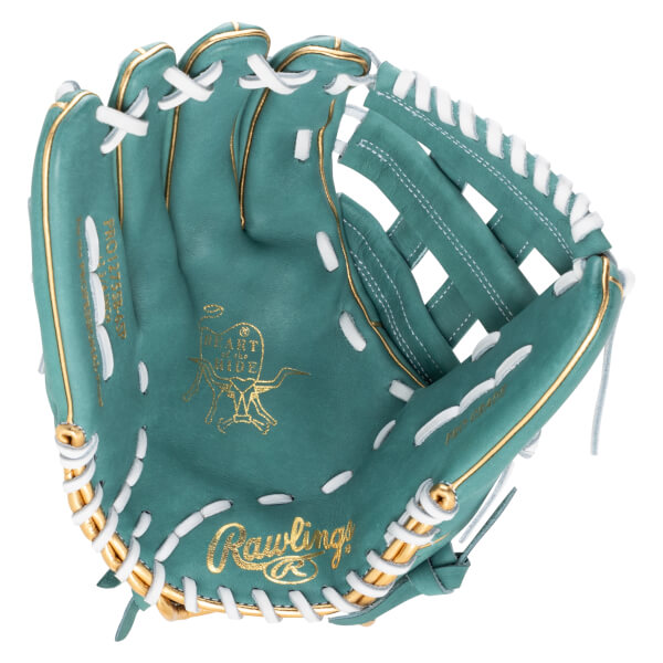 Top-down view of a teal baseball glove with gold trim, white lacing, and "Rawlings" logo.