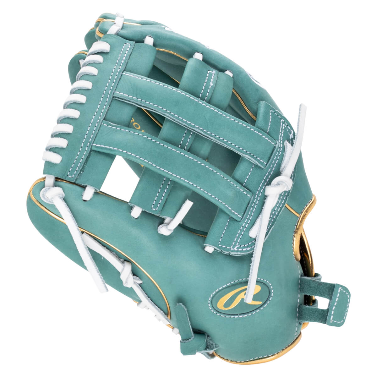 Side view of a teal baseball glove with white lacing, gold trim, and a gold Rawlings logo.