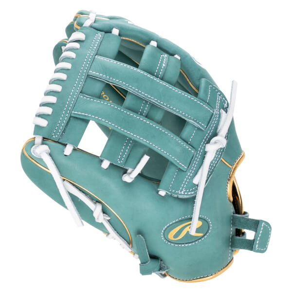 Side view of a teal baseball glove with white lacing, gold trim, and a gold Rawlings logo.