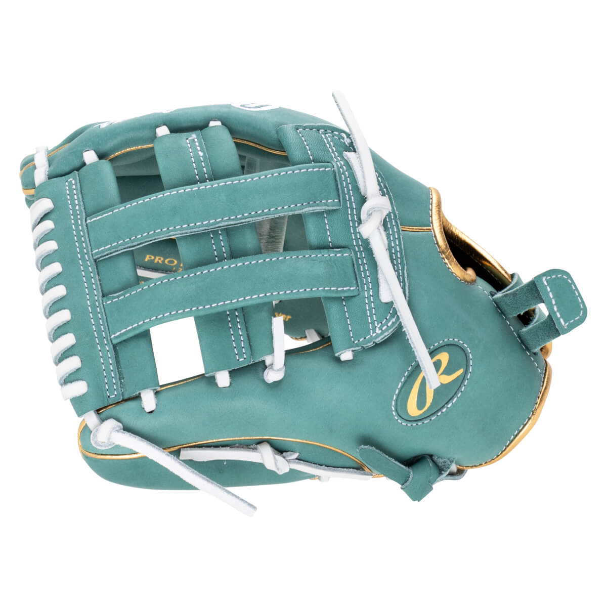 Top-down view of a teal baseball glove with white lacing, gold trim, and a gold "R" logo.