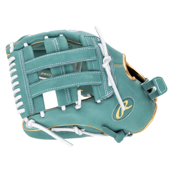 Top-down view of a teal baseball glove with white lacing, gold trim, and a gold "R" logo.