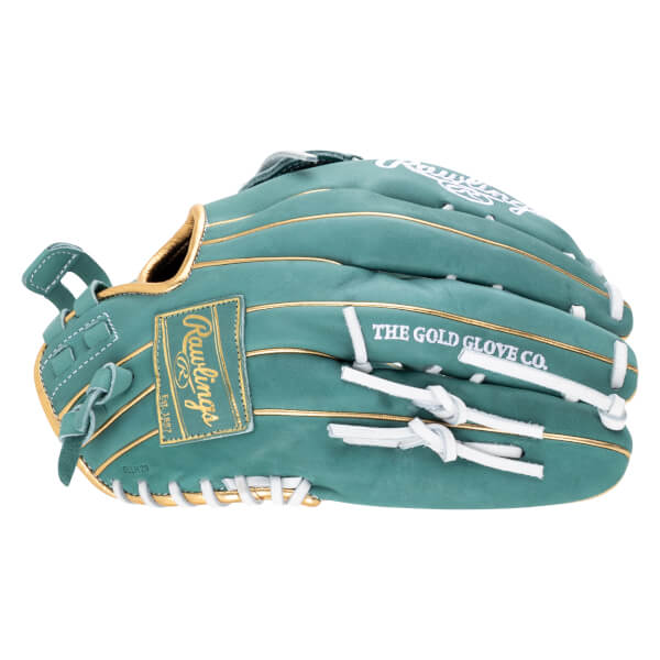 Side view of a teal Rawlings baseball glove with gold trim and white lacing, featuring "THE GOLD GLOVE CO." text.