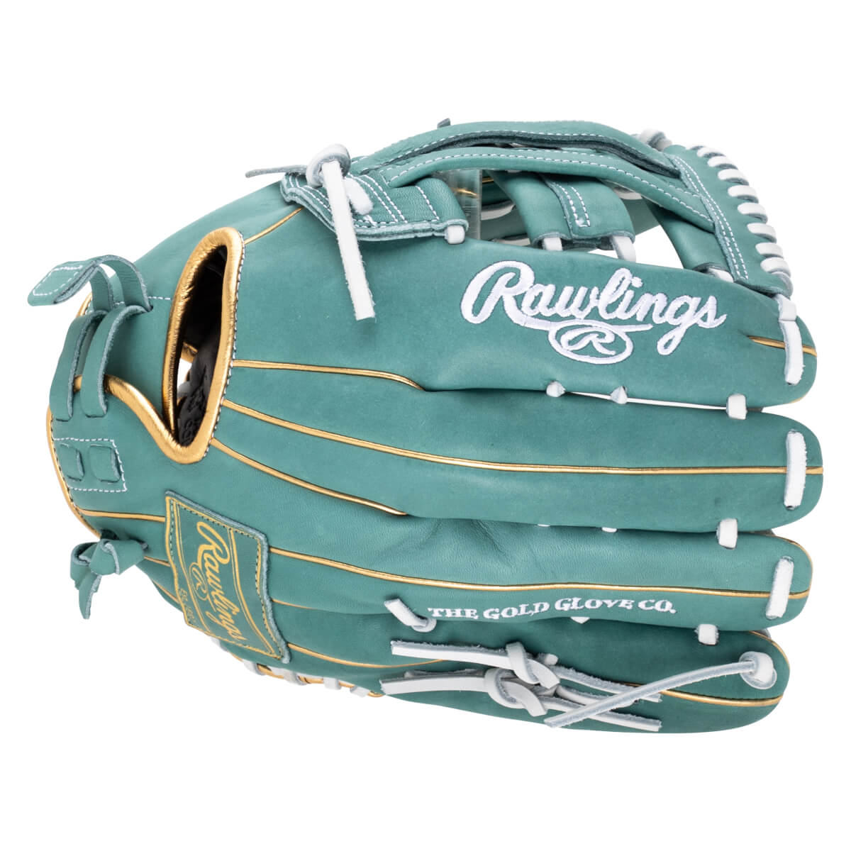 Front view of a teal Rawlings baseball glove with gold trim and white stitching, featuring "Rawlings" and "THE GOLD GLOVE CO." text.