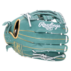 Front view of a teal Rawlings baseball glove with gold trim and white stitching, featuring "Rawlings" and "THE GOLD GLOVE CO." text.