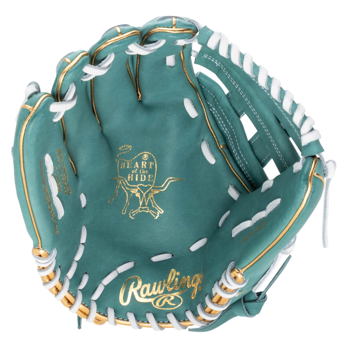 Top-down view of a teal baseball glove with gold "Rawlings" logo and "Heart of the Hide" emblem.