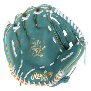 Top-down view of a teal baseball glove with gold "Rawlings" logo and "Heart of the Hide" emblem.