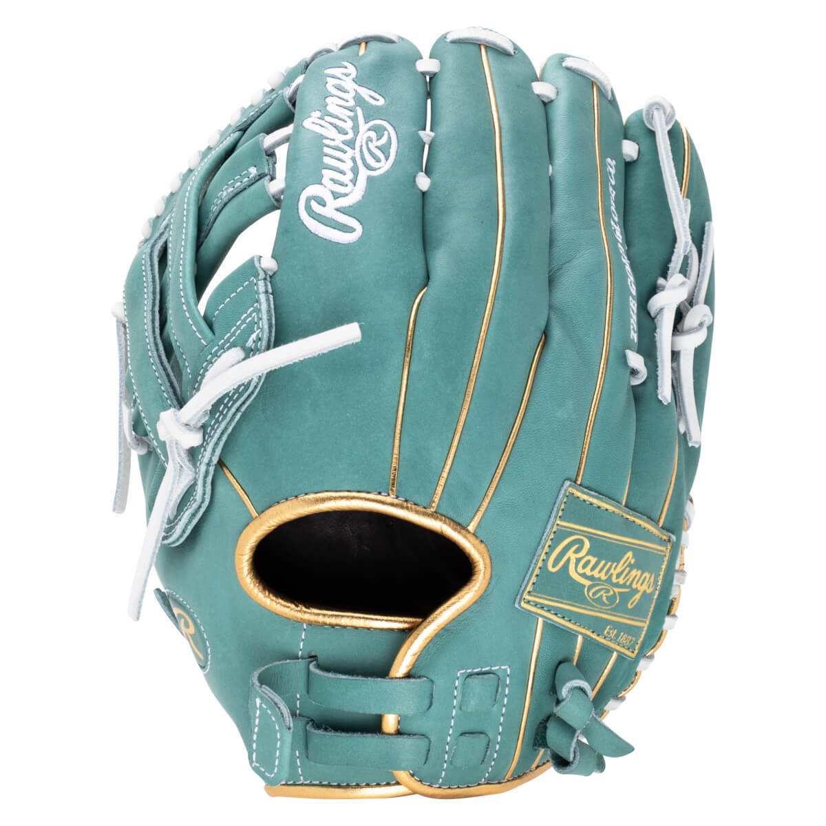 Front view of a teal Rawlings baseball glove with gold trim and white stitching.