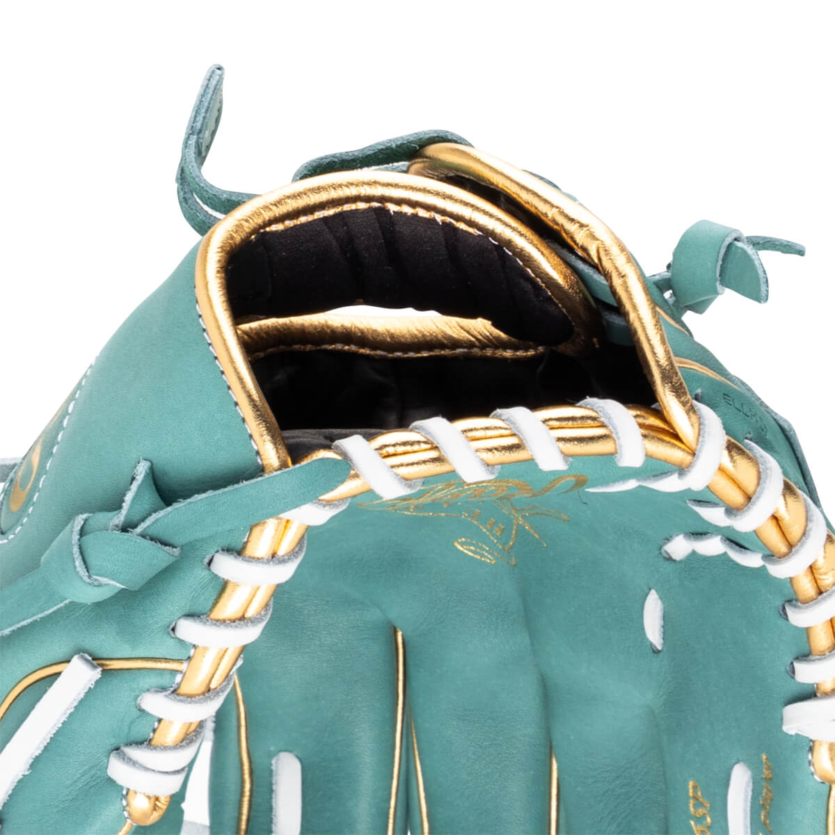 Close-up of a teal baseball glove showing gold lacing and stitching.
