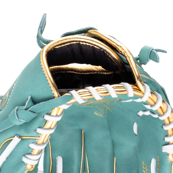 Close-up of a teal baseball glove showing gold lacing and stitching.