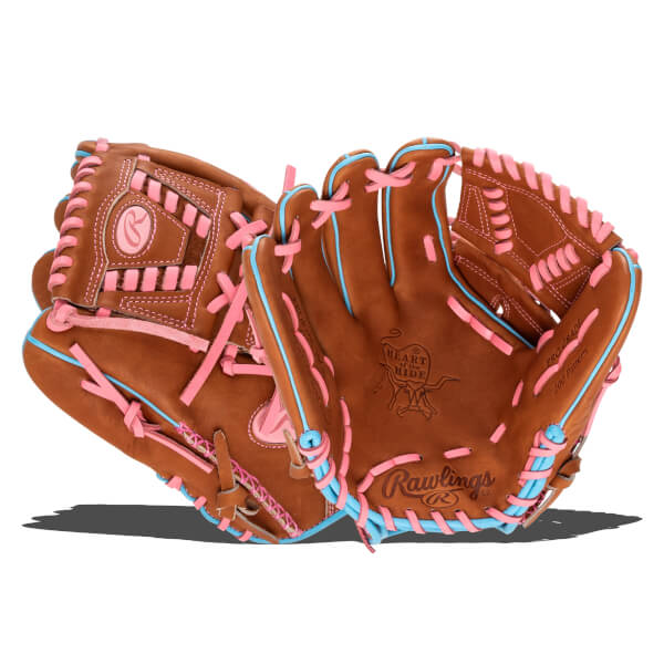 Front view of a brown baseball glove with pink and blue lacing, featuring the Rawlings logo and "Heart of the Hide" branding.
