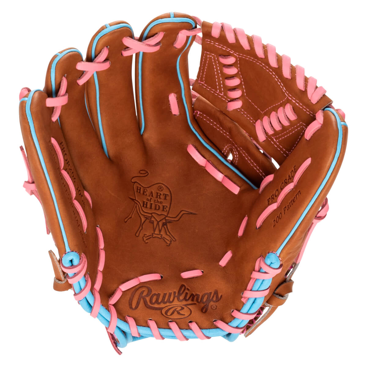 Top-down view of a brown baseball glove with pink and blue lacing, featuring "Rawlings" and "Heart of the Hide" logos.