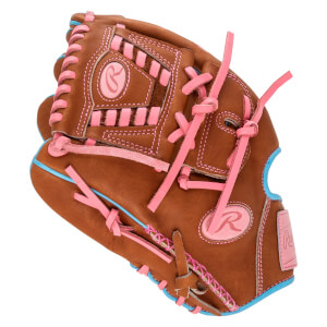 Close-up of a brown baseball glove with pink lacing and blue trim, featuring a pink "R" logo.
