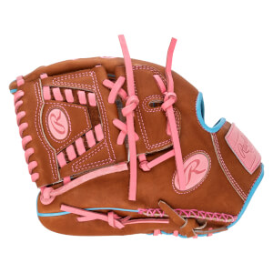 Side view of a brown baseball glove with pink lacing and blue trim, featuring a pink Rawlings logo.