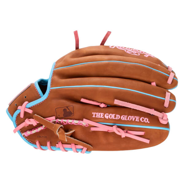 Front view of a brown baseball glove with pink lacing and blue trim, featuring "THE GOLD GLOVE CO." text.