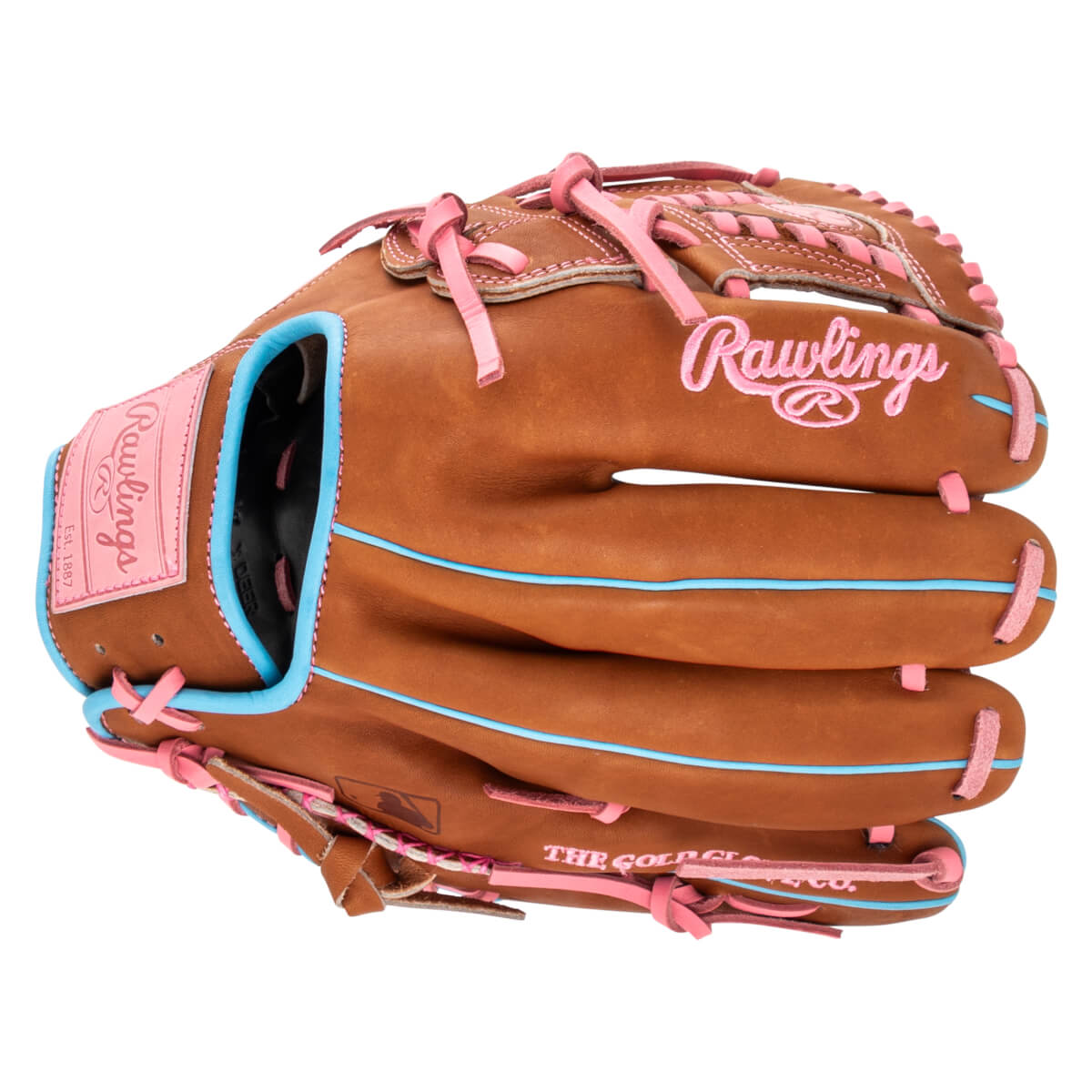 Side view of a brown baseball glove with pink laces and blue trim, featuring "Rawlings" embroidered in pink.