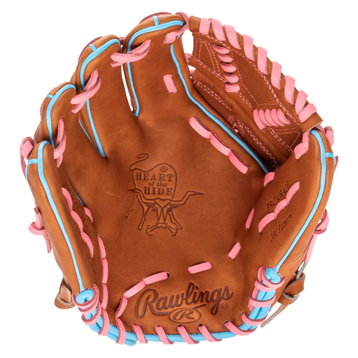 Top-down view of a brown baseball glove with pink and blue lacing, featuring "Rawlings" and "Heart of the Hide" logos.
