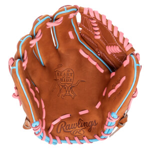 Top-down view of a brown baseball glove with pink and blue lacing, featuring "Rawlings" and "Heart of the Hide" logos.