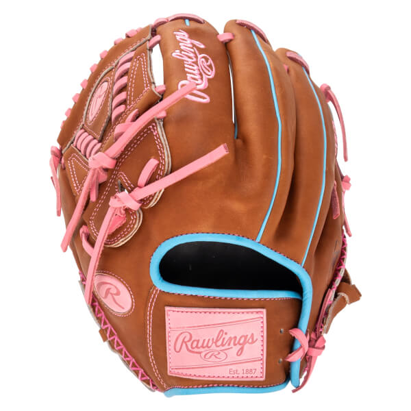 Front view of a brown baseball glove with pink lacing and blue trim, featuring "Rawlings" embroidered on the wrist.