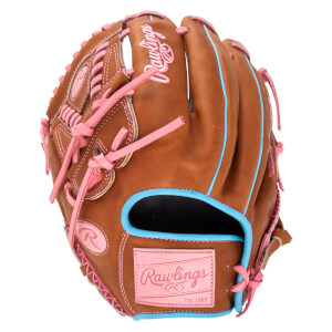 Front view of a brown baseball glove with pink lacing and blue trim, featuring "Rawlings" embroidered on the wrist.