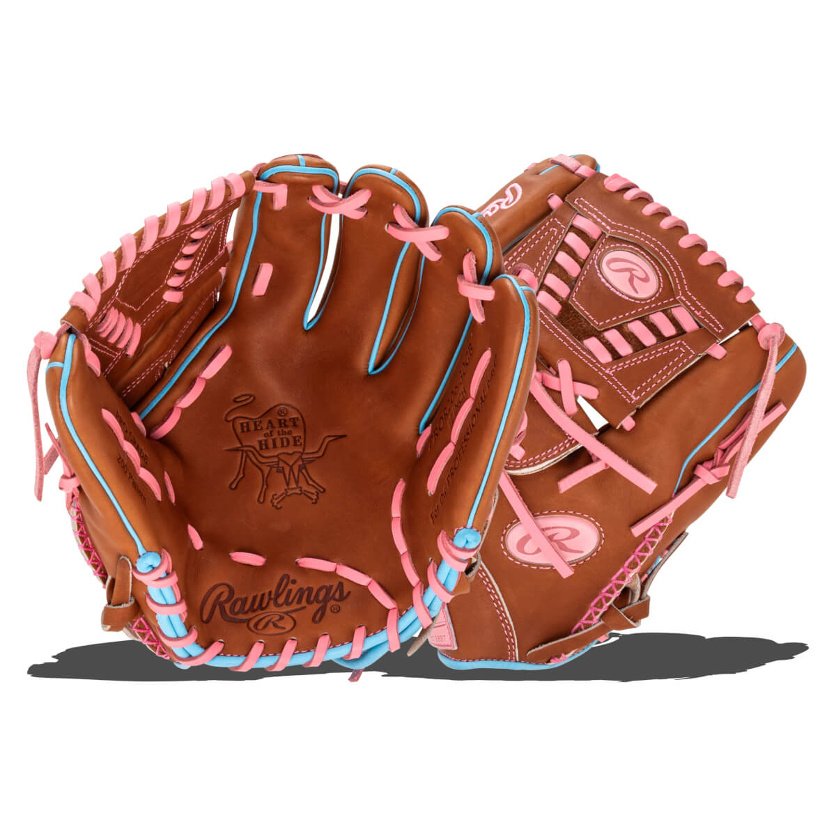 Front view of a brown Rawlings baseball glove with pink and blue lacing and the "Heart of the Hide" logo.