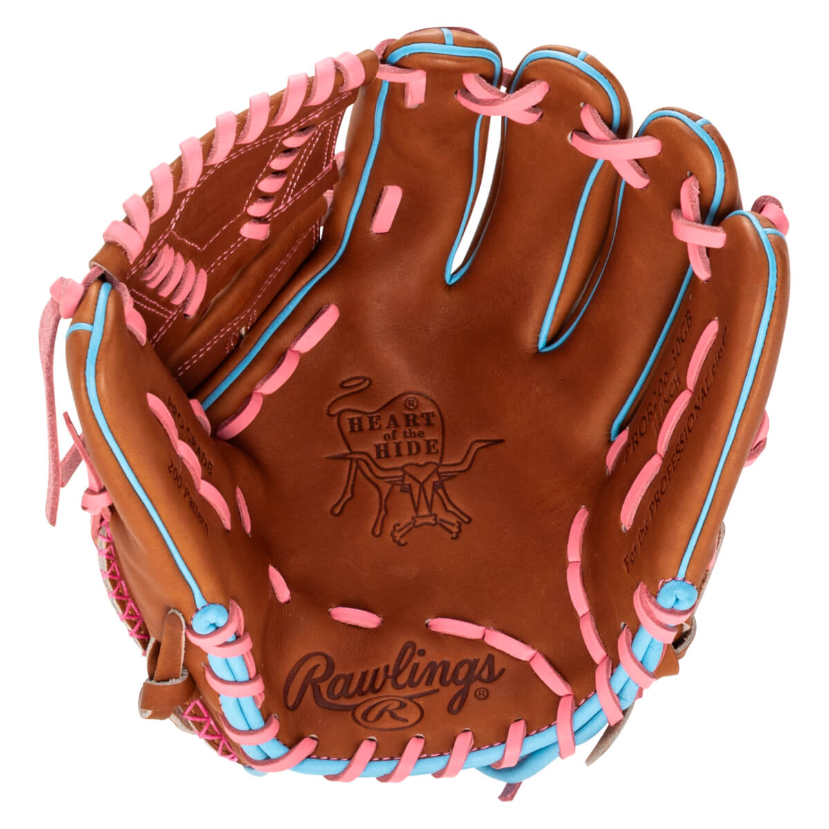 Top-down view of a brown baseball glove with pink and blue lacing, featuring the Rawlings logo and "Heart of the Hide" branding.