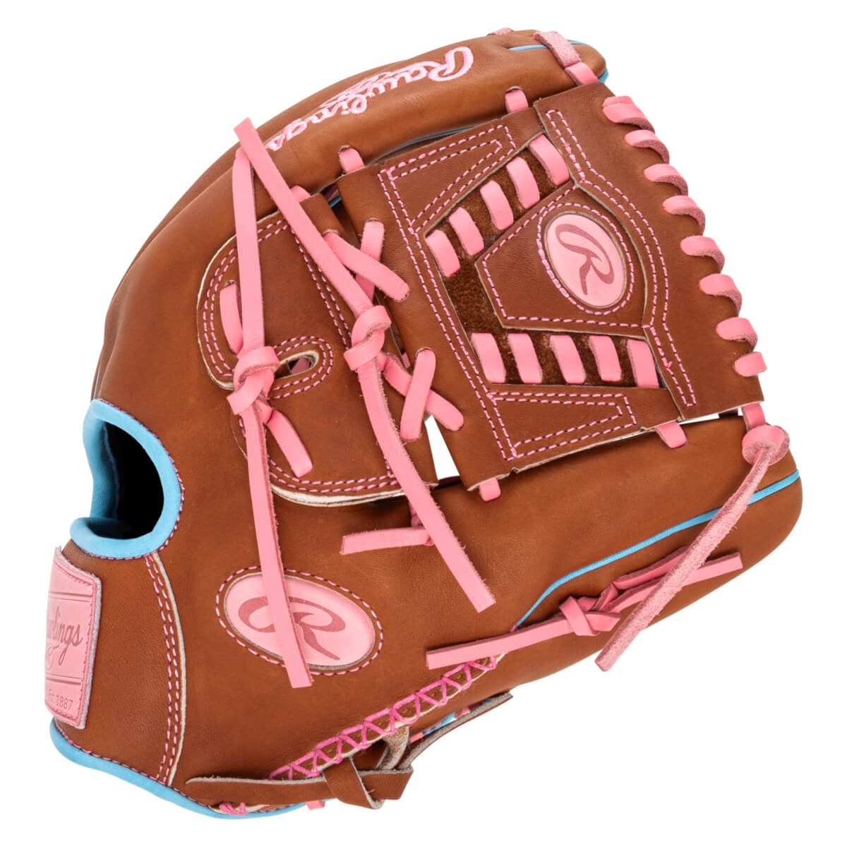 Side view of a brown baseball glove with pink lacing and blue trim, featuring a Rawlings logo.