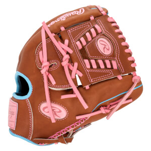 Side view of a brown baseball glove with pink lacing and blue trim, featuring a Rawlings logo.