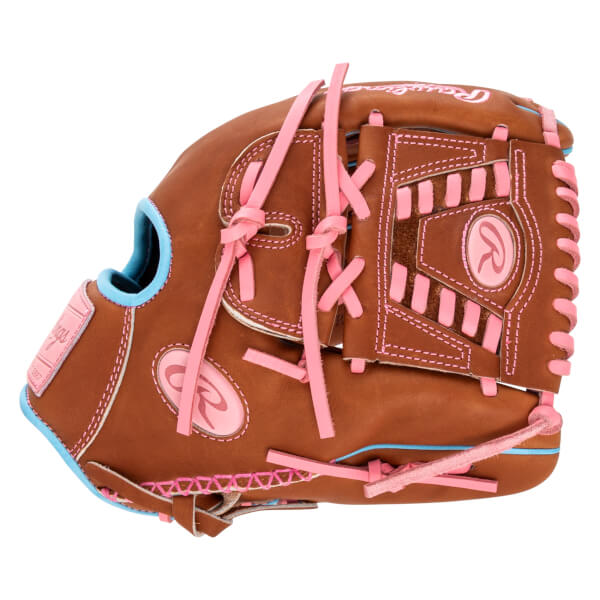 Side view of a brown baseball glove with pink lacing and blue trim, featuring a pink Rawlings logo.
