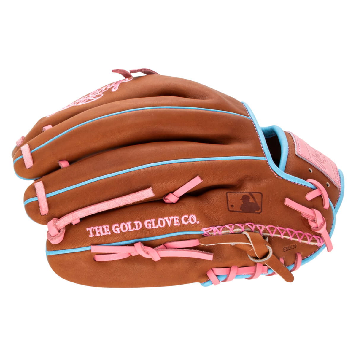 Side view of a brown baseball glove with pink lacing and blue trim, featuring "THE GOLD GLOVE CO." text.