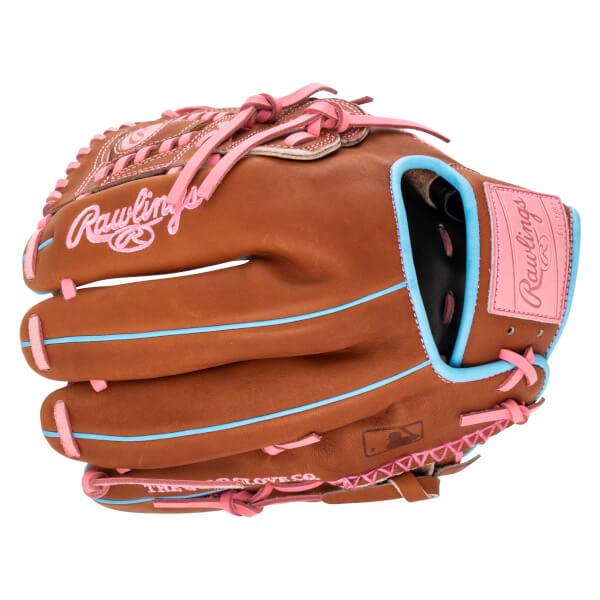 Front view of a brown baseball glove with pink laces and trim, featuring "Rawlings" embroidered in pink.
