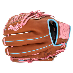 Front view of a brown baseball glove with pink laces and trim, featuring "Rawlings" embroidered in pink.
