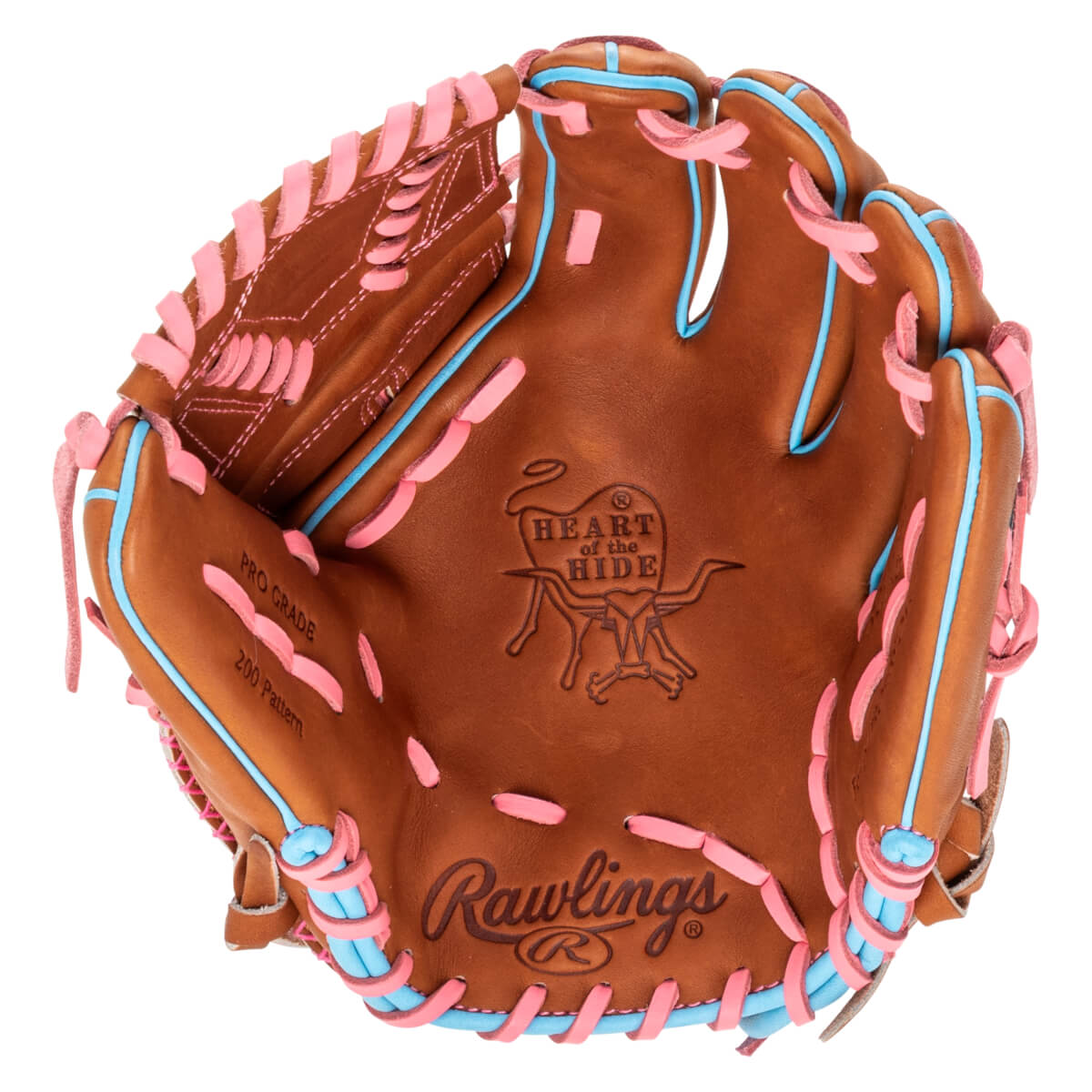 Top-down view of a brown baseball glove with pink and blue lacing, featuring the Rawlings logo and "Heart of the Hide" emblem.