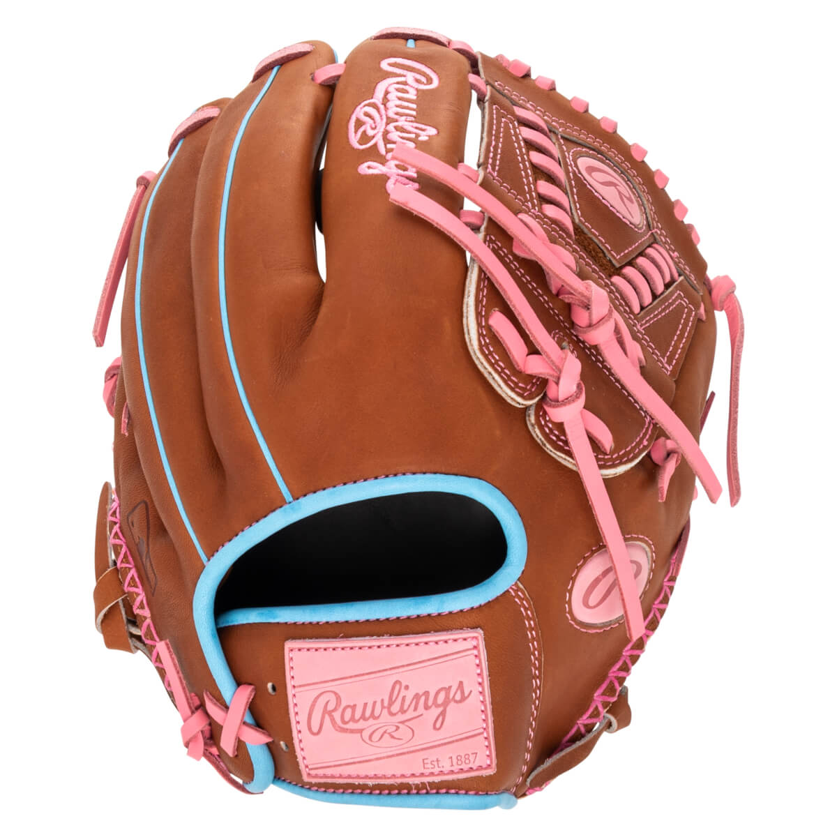 Front view of a brown Rawlings baseball glove with pink lacing and blue trim.