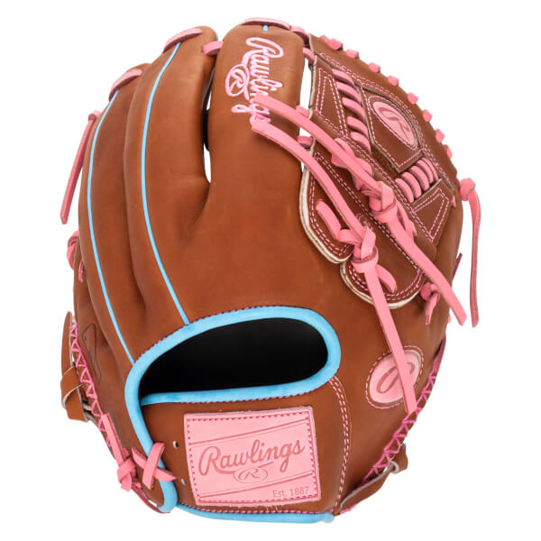 Front view of a brown Rawlings baseball glove with pink lacing and blue trim.
